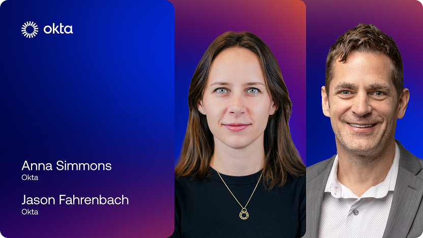 Promotional graphic featuring the Okta logo along with portraits of presenters Anna Simmons and Jason Fahrenbach set against a vibrant blue and purple background.