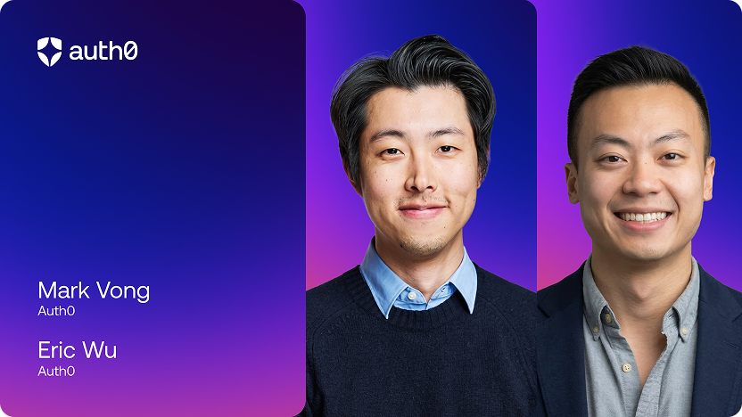Graphic banner featuring the Auth0 logo and headshots of presenters Mark Vong and Eric Wu against a blue and purple gradient background.