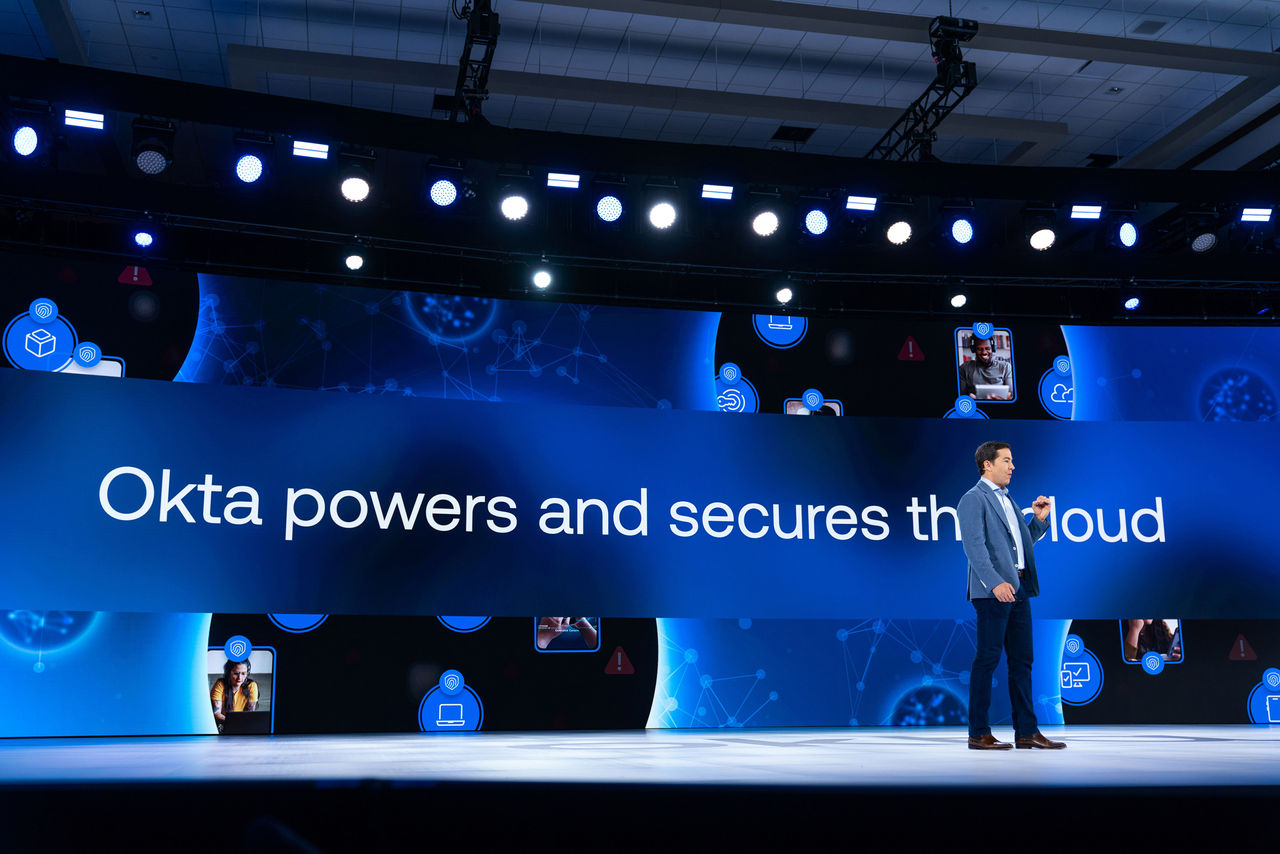 Okta CEO speaking on Oktane stage.