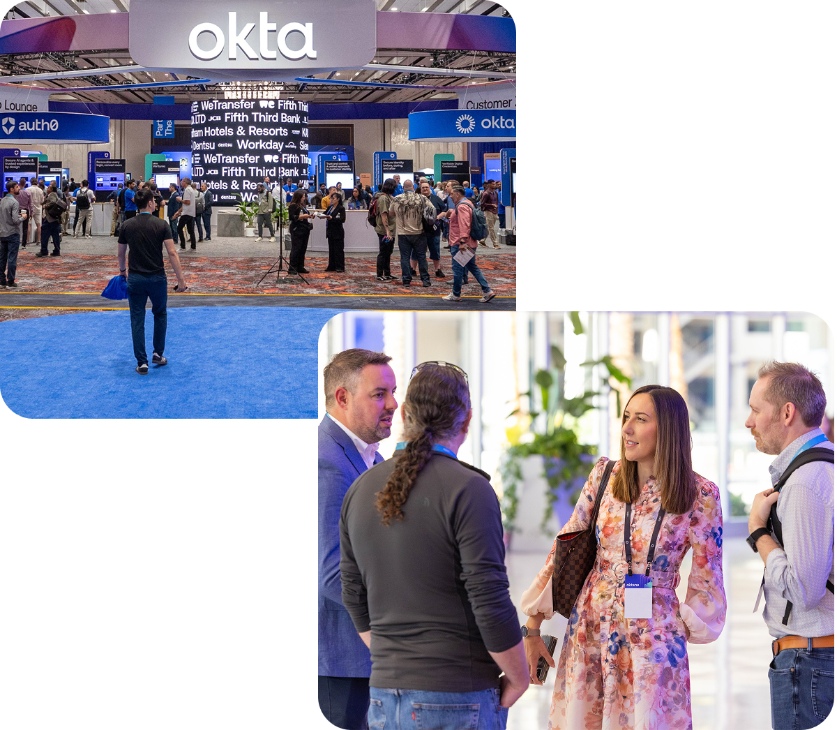 A composite of two images from the Oktane conference: the top shows a busy event floor with a large Okta booth and digital displays; the bottom shows a group of four professional attendees networking and smiling in a bright foyer.