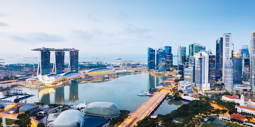 Marina Bay Sands and Singapore Skyline Aerial View