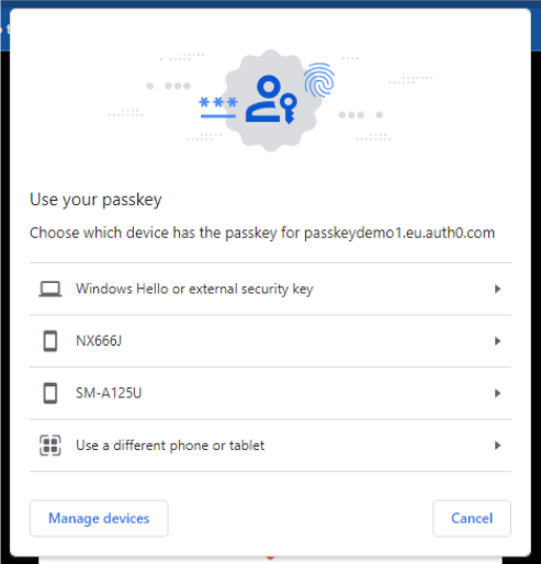 A digital interface prompts the user to select a device for passkey authentication on passkeydemo1.eu.auth0.com. 