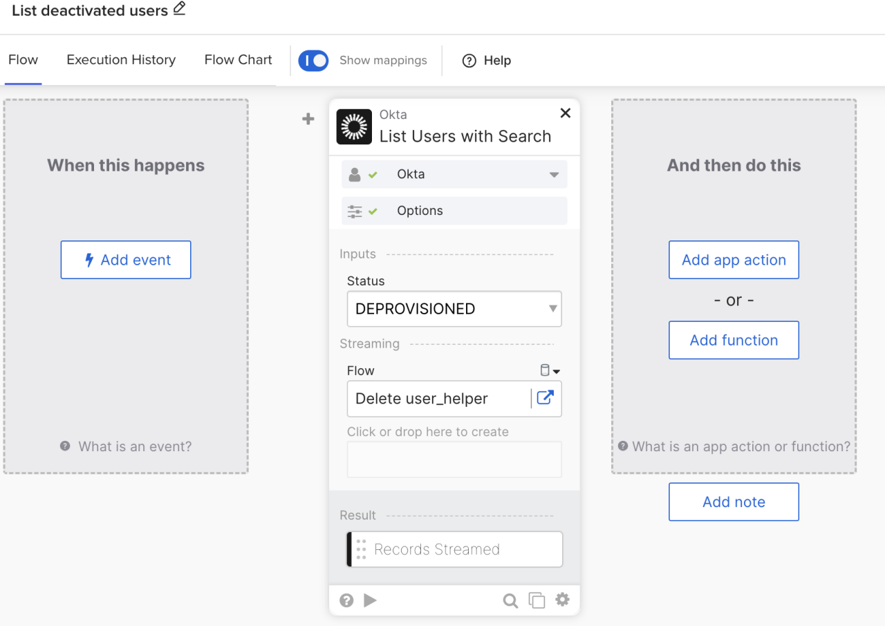 Okta Workflows interface showing a "List Users with Search" card configured to filter for deprovisioned users.