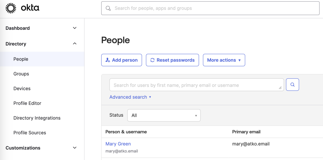 Okta Admin Console view displaying user management and directory people listings.