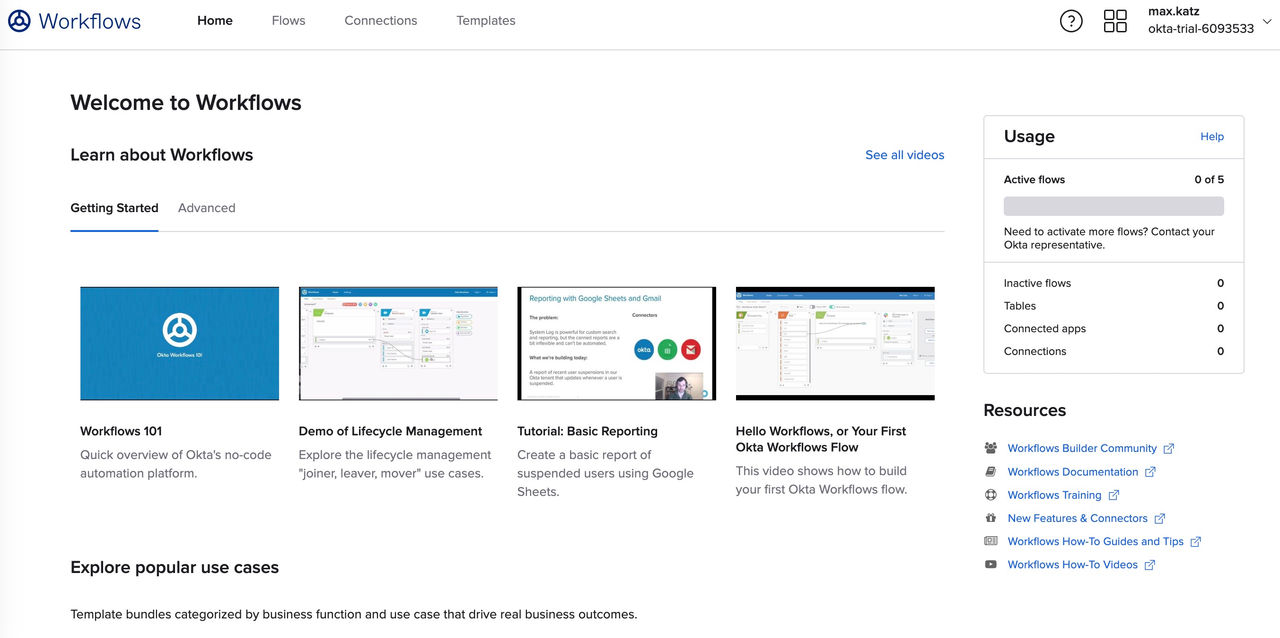 Workflow management dashboard showing a welcome page. 