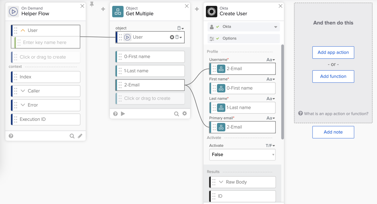 Okta Workflows interface showing mapped fields from Object Get Multiple card to create a user in Okta with Activate set to False.
