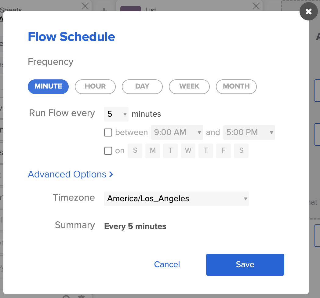 Okta Workflows Flow Schedule pop-up showing frequency and timezone settings.