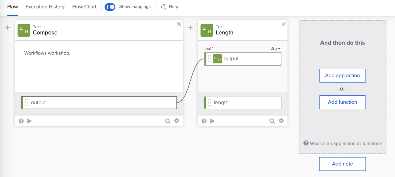 Okta Workflows interface showing a Compose text step mapped into a Length function step.