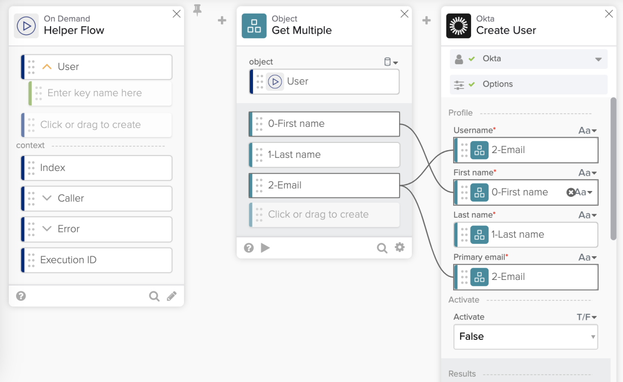 Okta Workflows interface showing fields mapped from a helper flow and Get Multiple card to an Okta Create User step.