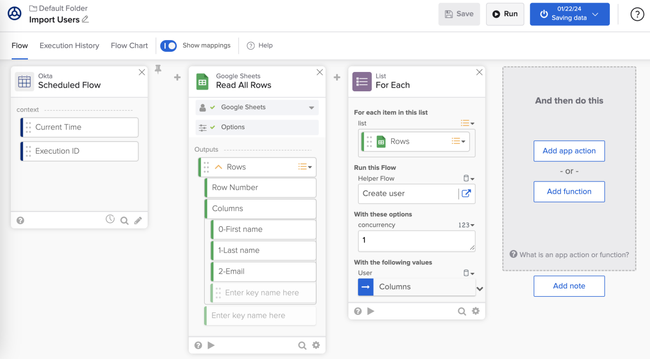 Okta Workflows interface showing a Scheduled Flow, Google Sheets Read All Rows card, and List For Each card configured to run a Create User helper flow.