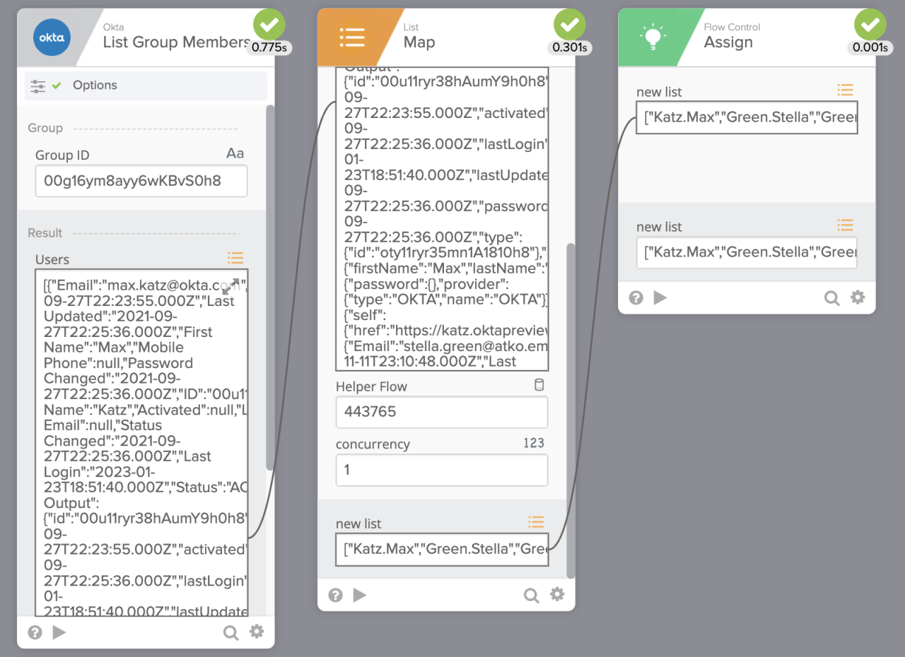 Okta workflow interface with list mapping, illustrating how to iterate over group members and assign data.