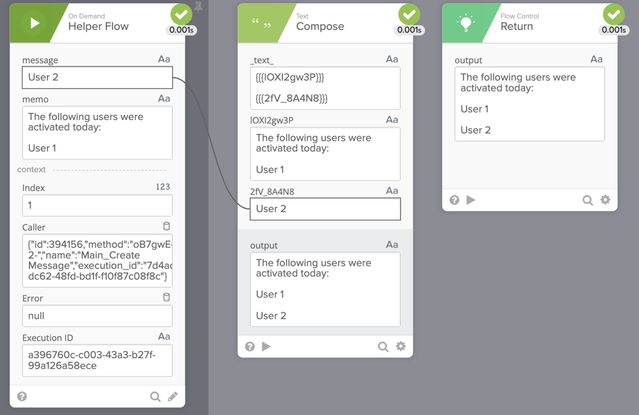 Workflow interface with multiple connected panels. 