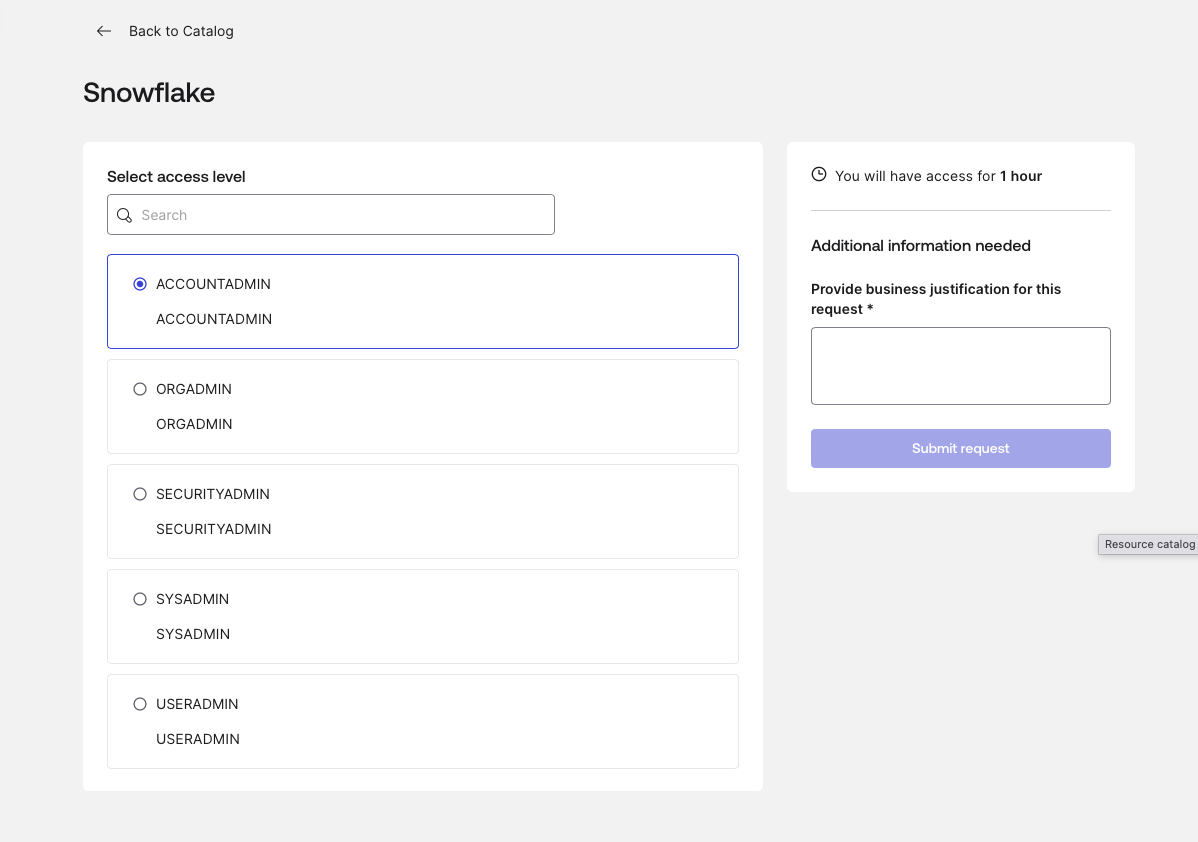 User interface screen for requesting Snowflake access levels is displayed. 