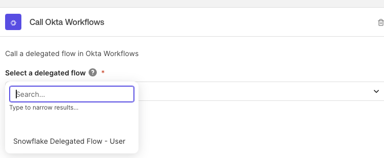 Screenshot of an Okta Workflows configuration screen showing the 'Call Okta Workflows' section. 
