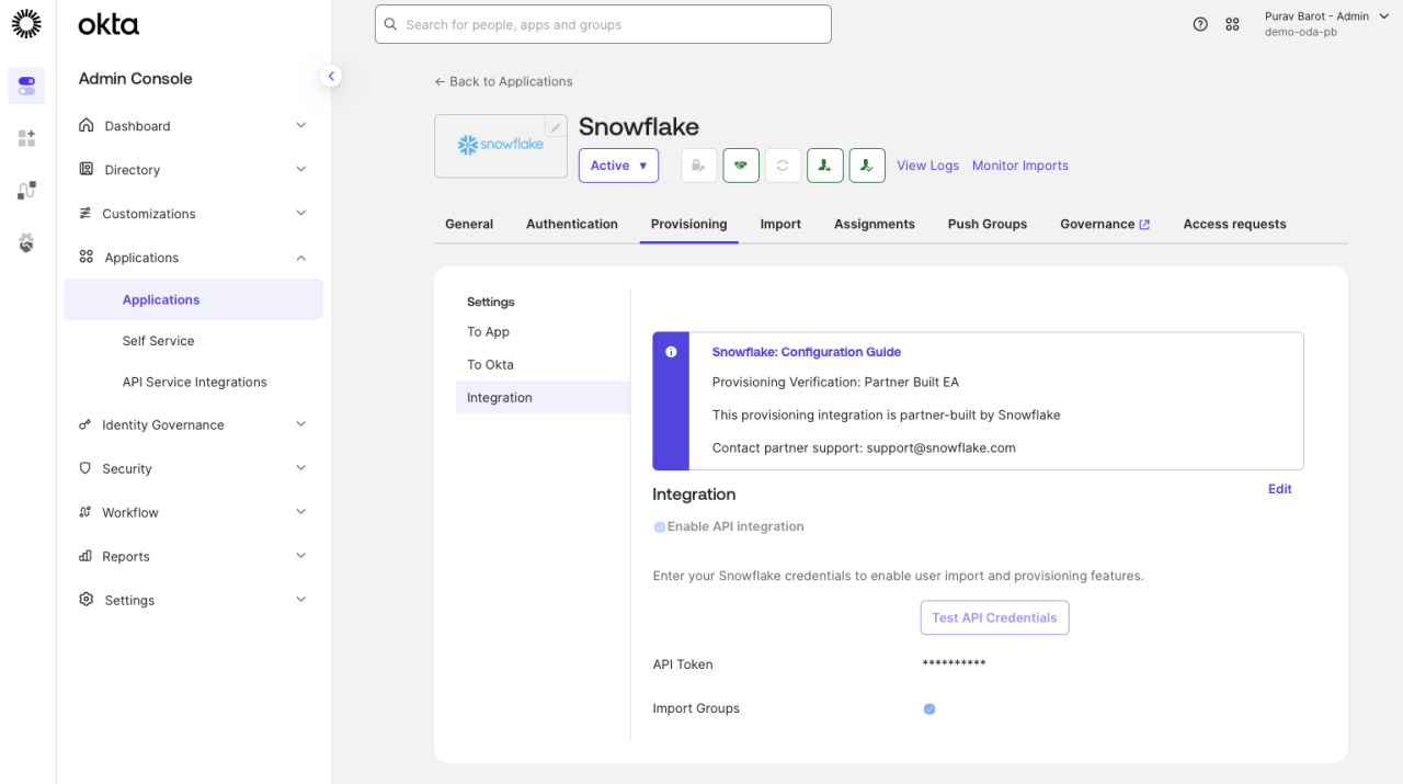 Screenshot of the Okta Admin Console showing the Snowflake application provisioning page.