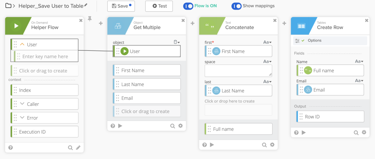 Okta Workflows diagram demonstrating how to process user data and write list outputs to a table or CSV file.