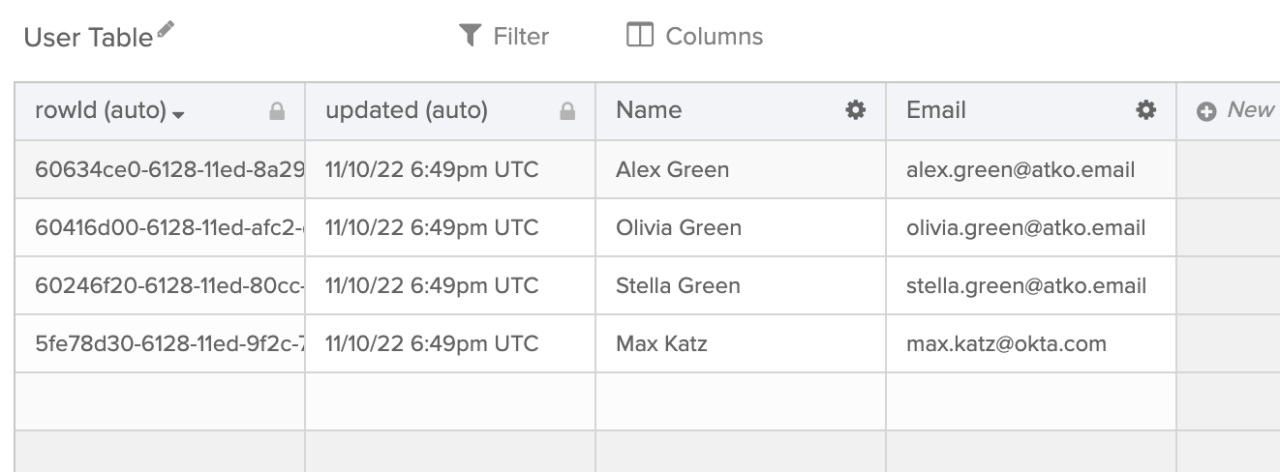 Sample Okta Workflows user table interface showing name and email fields for exported CSV data.