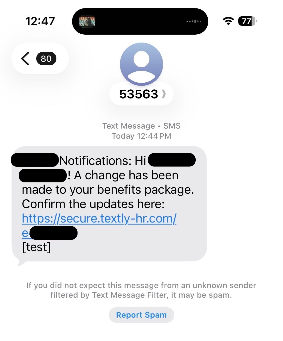 Figure 2. A SMS using the “Employee Benefits" lure