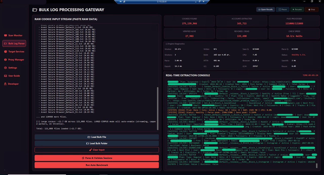 A view of an infostealer log processing tool.