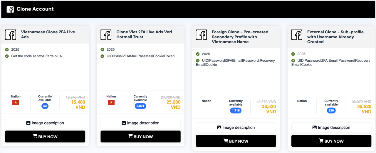 A screenshot of “cloned” accounts on Via17[.]com, a Vietnamese-language website that sells social media accounts.
