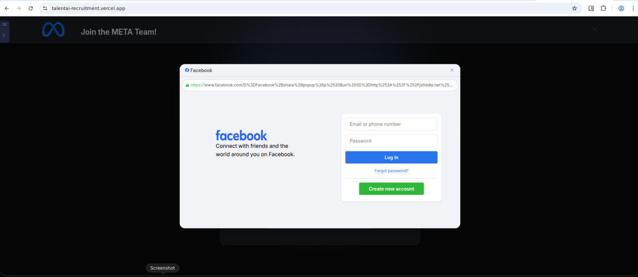 Janela de login falsa do Facebook de terceiro estágio