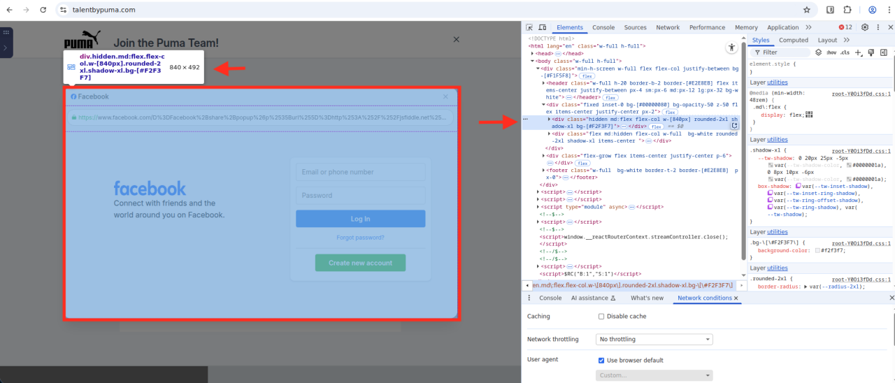 Captura de tela demonstrando que o facebook[.]com janela é um elemento HTML <div> dentro da página da web