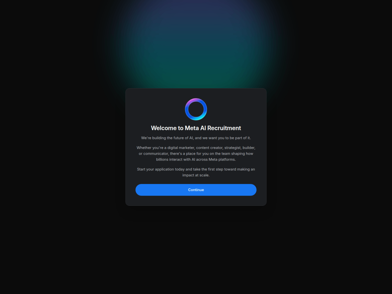 Exemplo de uma página de destino de recrutamento corporativo se passando pela Meta 