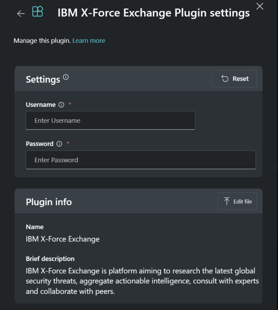 Configurações do plugin IBM X-Force Exchange