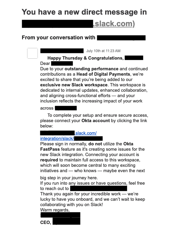 Agentes de ameaças enviam mensagens diretas via Slack solicitando aos alvos que evitem usar o Okta Fastpass.