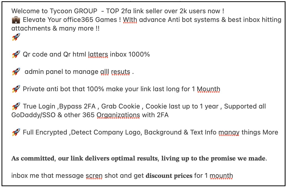 Um anúncio no Telegram para o kit Tycoon 2FA PhaaS, que promove recursos importantes, incluindo a captura de tokens de sessão, que podem ser usados para burlar a autenticação multifator (MFA).