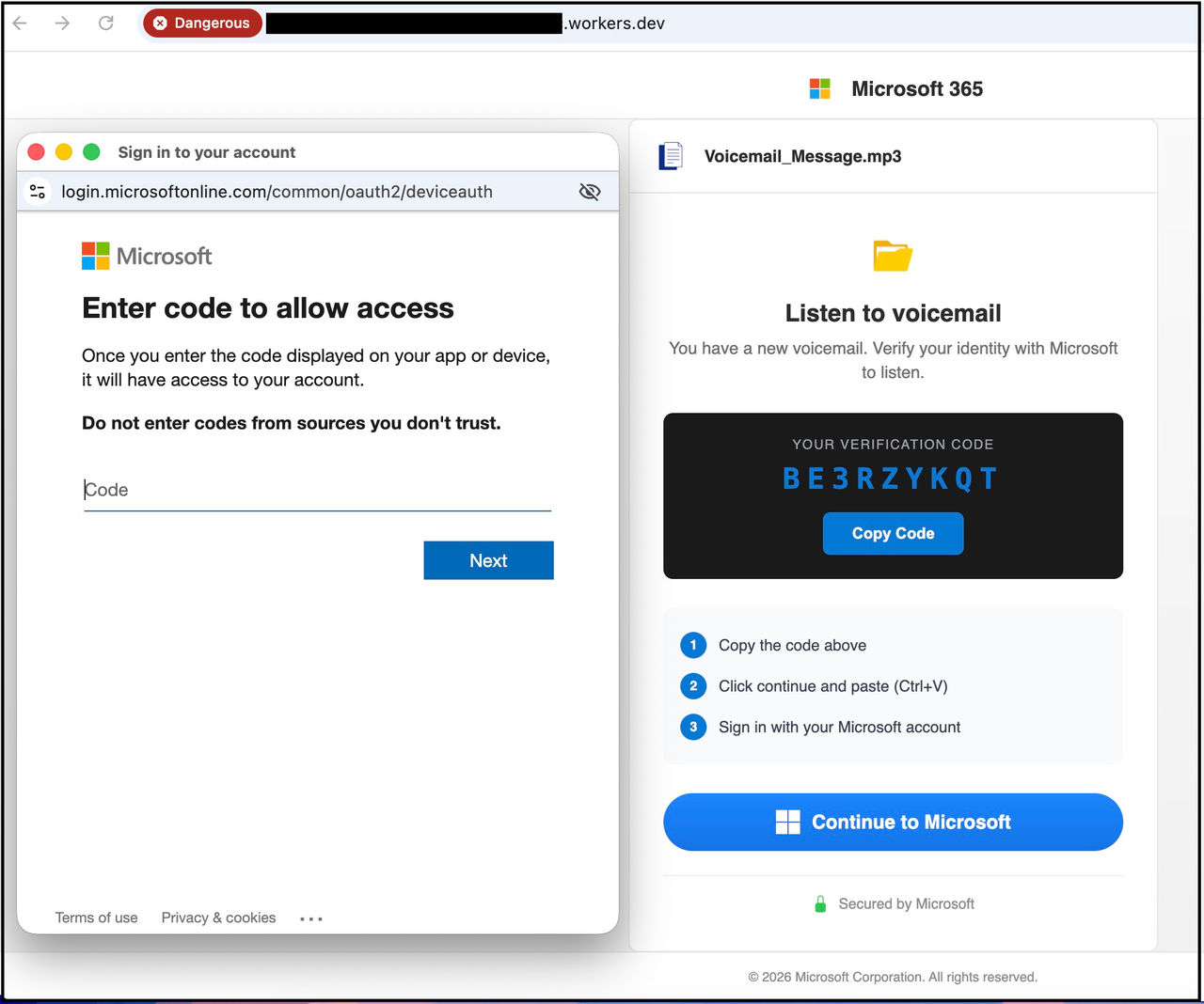 Captura de tela de uma tentativa recente de phishing relacionada ao código do dispositivo. Neste exemplo, um usuário é informado erroneamente sobre uma mensagem de voz pendente. Após o login ser concluído, o invasor obtém acesso à conta do Microsoft 365 da pessoa.