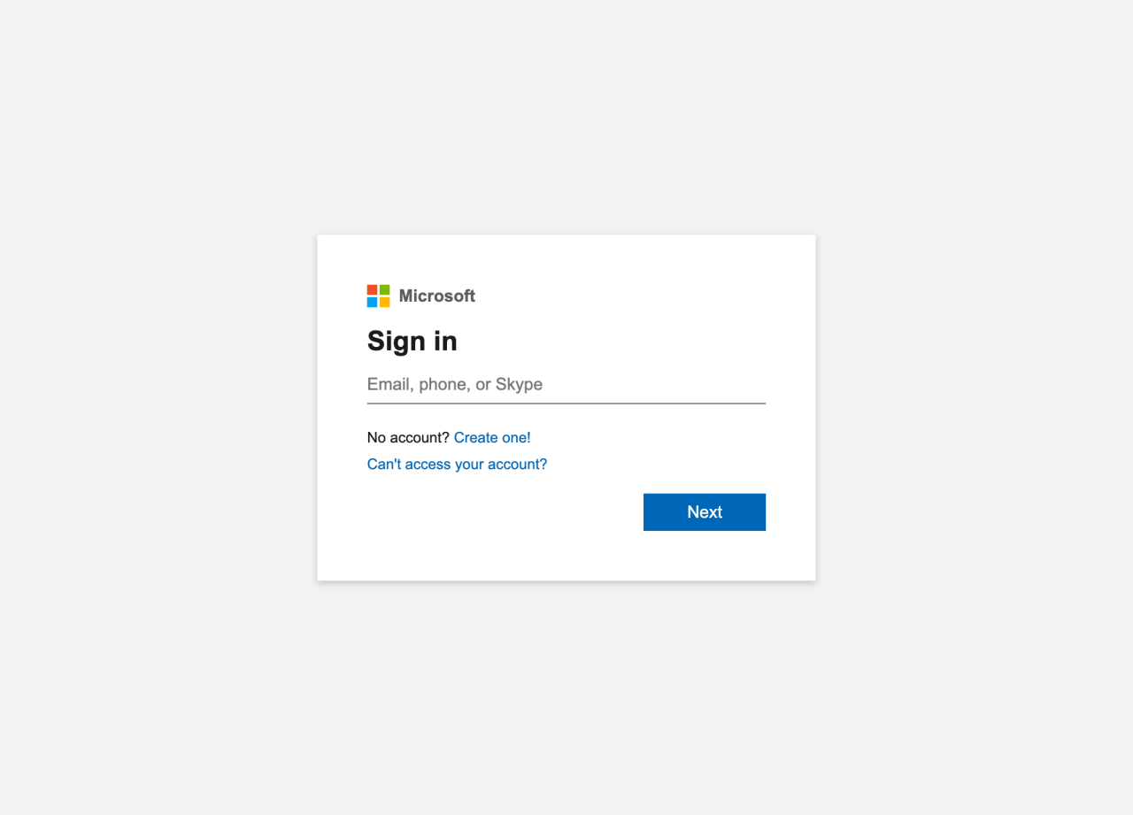 Figura 1. A página de login da Microsoft O-UNC-066, regenerada usando código extraído do kit de phishing. 