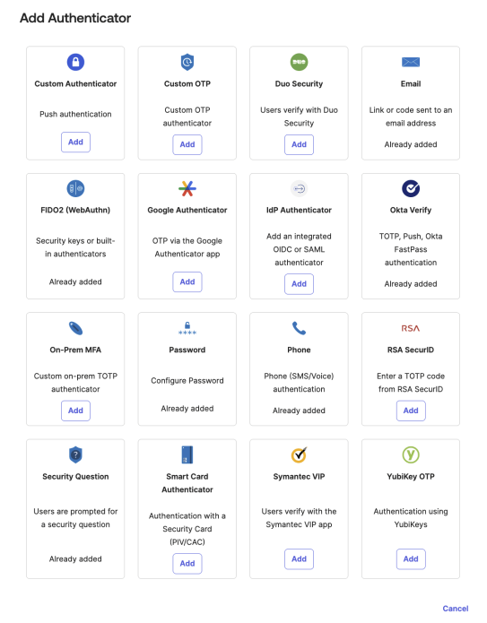 Screenshot of authentication method choices on a user dashboard