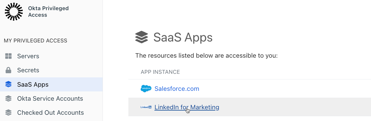 Screenshot of Okta Privileged Access SaaS Apps, hovering over LinkedIn for Marketing