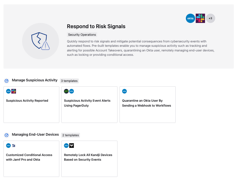 Okta interface showing a security operations dashboard titled Respond to Risk Signals.