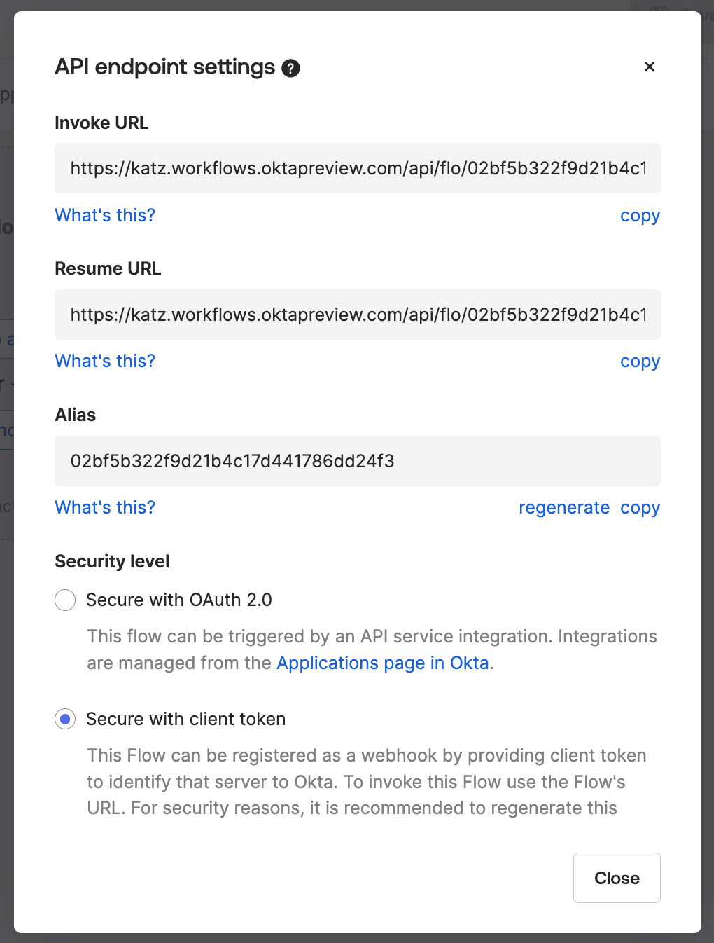 A screenshot of an API endpoint settings interface showing options for invoking and resuming URLs.