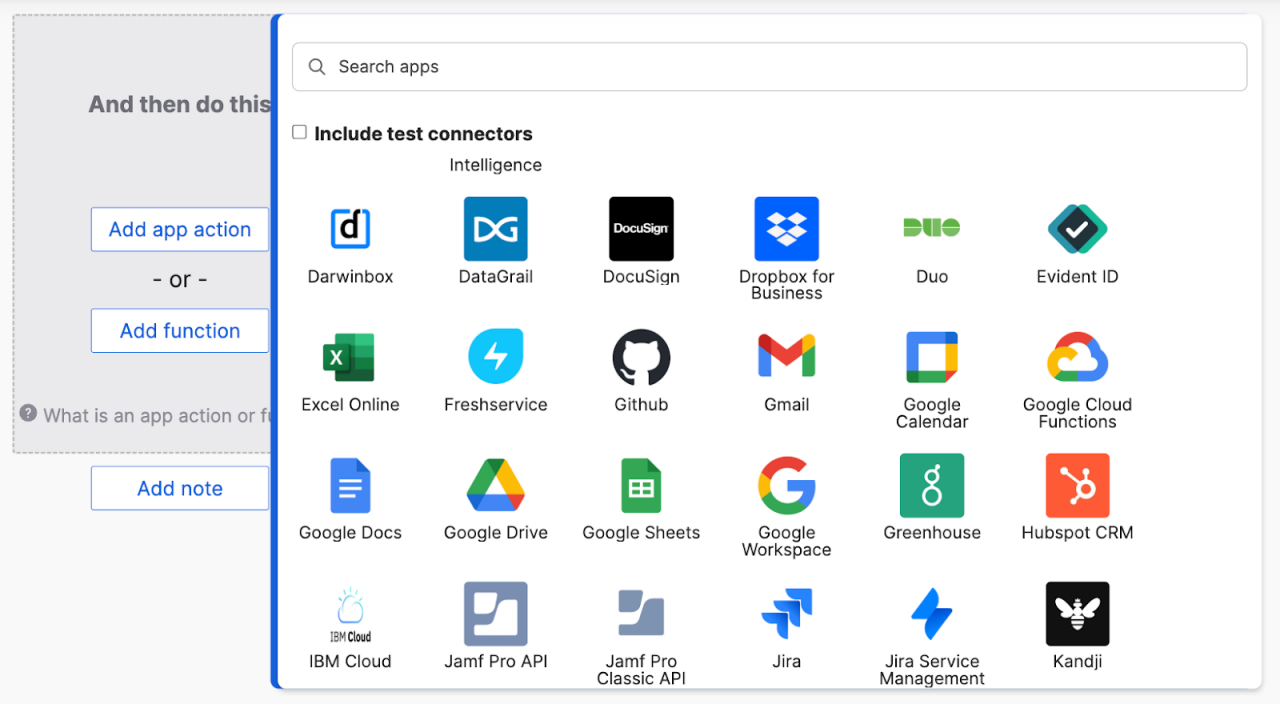 A screenshot of the Okta Workflows interface showing a list of over 80 pre-built connectors.
