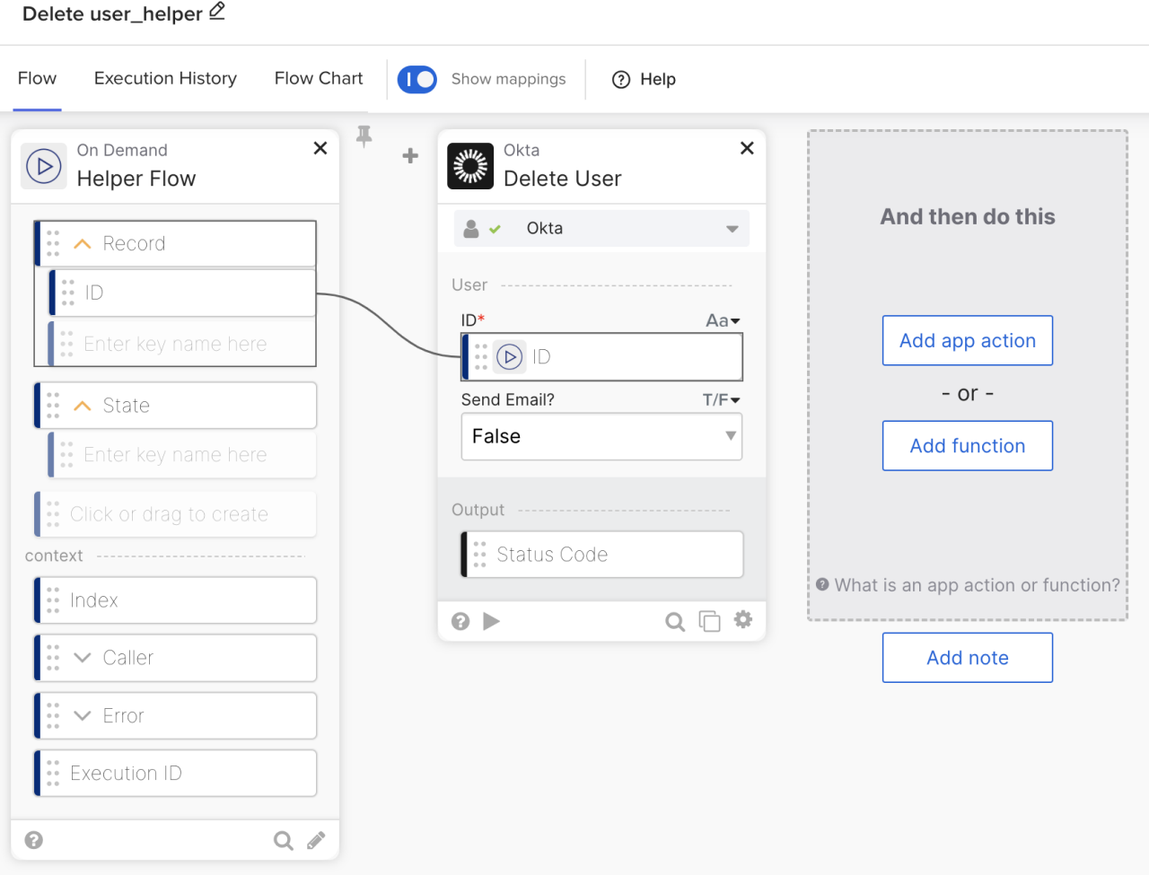 Okta Workflows helper flow interface configured to delete a user by ID.