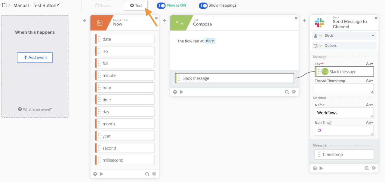Okta Workflows interface connecting Date Now, Text Compose, and Slack Send Message to Channel cards, with an orange arrow pointing to the Test button.