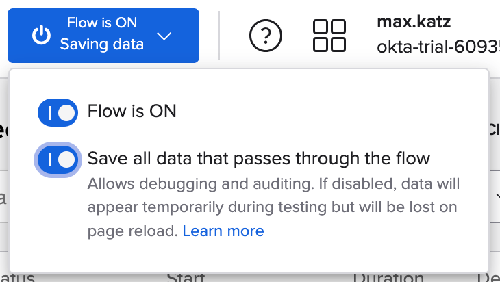 Okta Workflows settings menu with toggles for turning the flow ON and saving all flow data.
