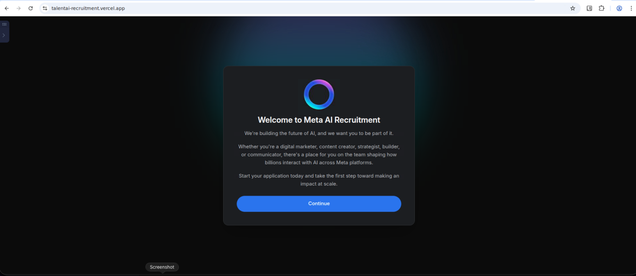 First-Stage-Landing-Page, die die Meta KI-Rekrutierung imitiert