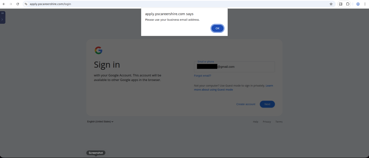 Die Phishing-Seite weist E-Mail-Domänen ab, die nicht zum Unternehmen gehören