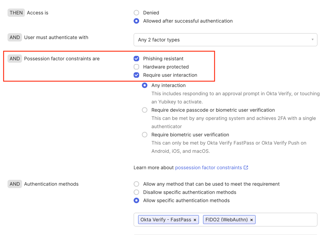 Konfigurieren Sie eine Authentifizierungsrichtlinienregel, um Phishing-Resistenz explizit zu erfordern.