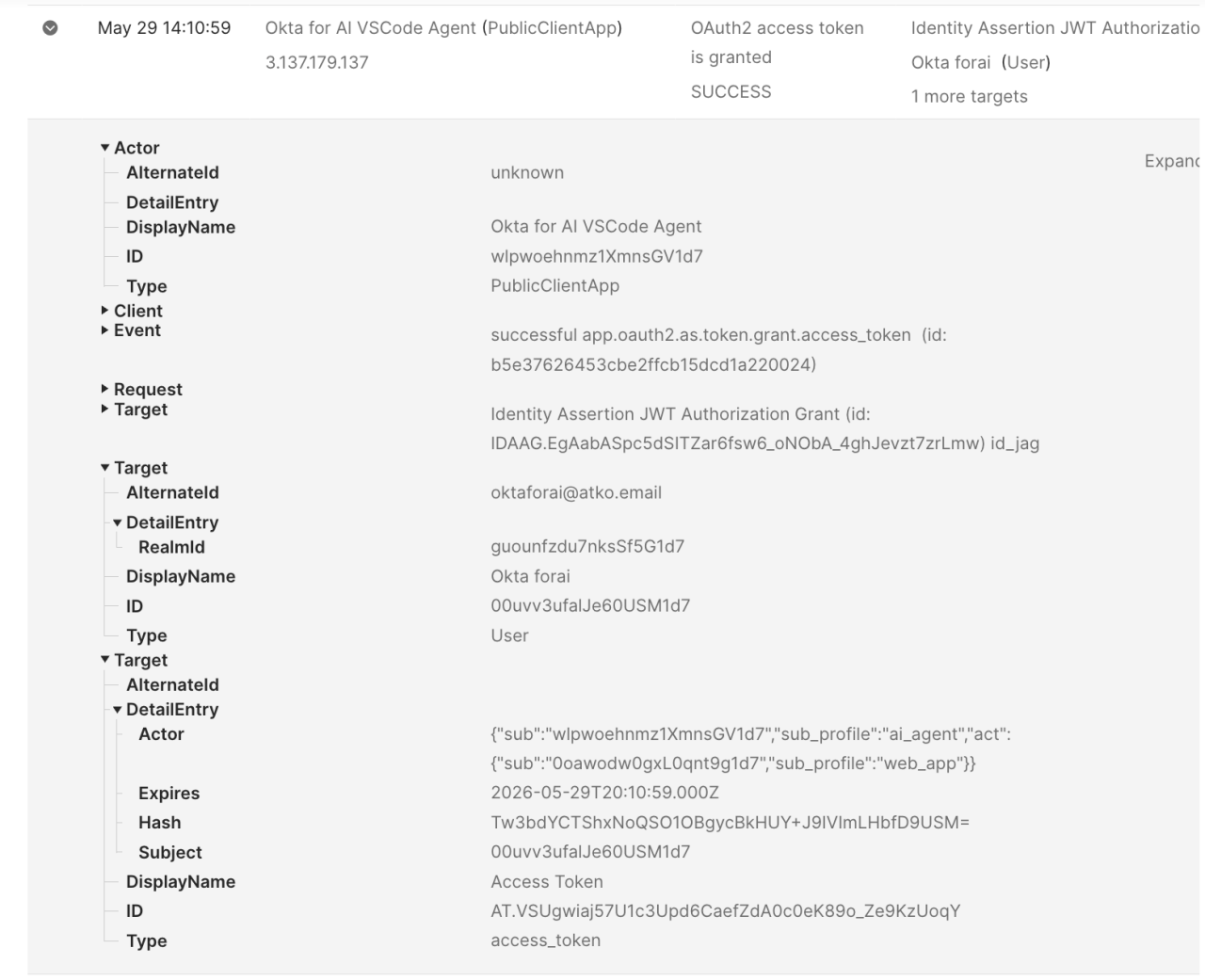 Okta system log interface showing granted access token event details for an AI VSCode agent.