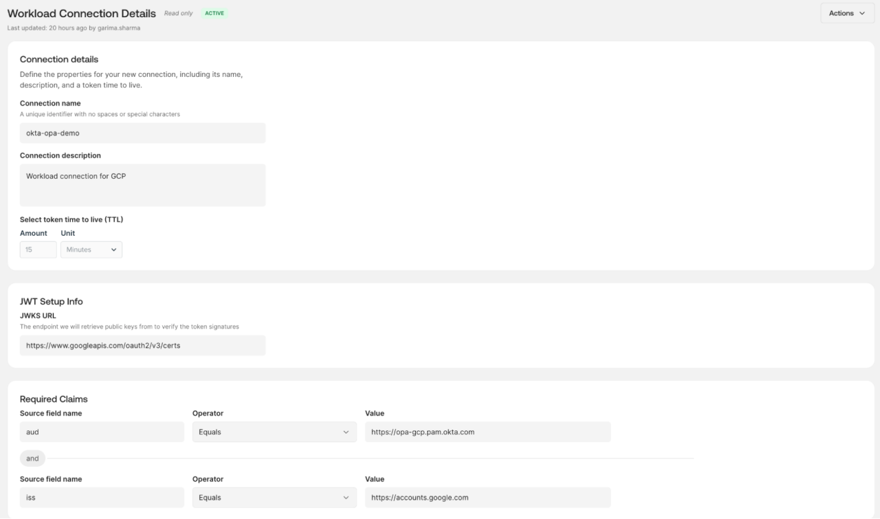Workload Connection Details setup screen in Okta displaying connection settings, JWT setup info, and required claims for GCP.