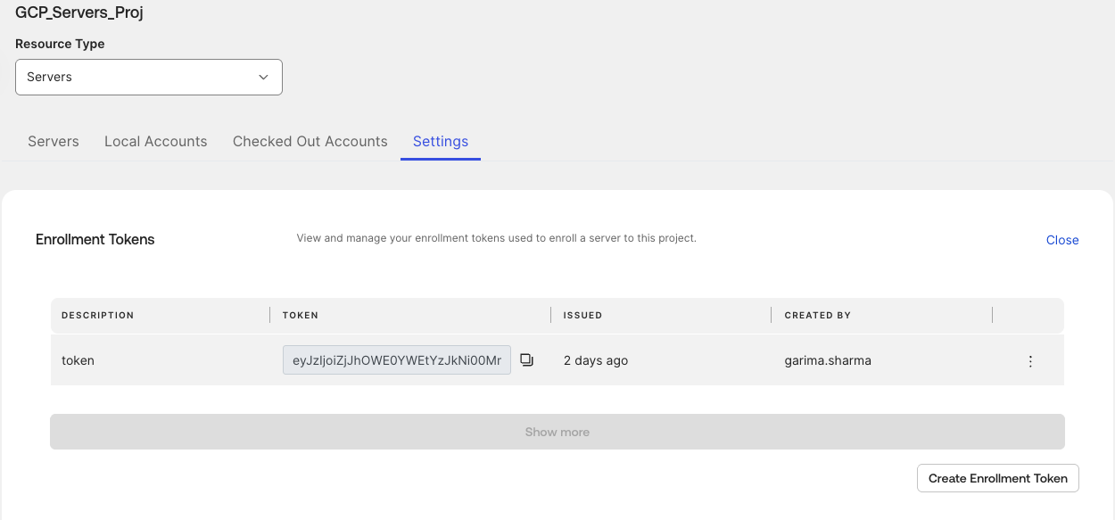 Server project enrollment tokens settings screen showing an active enrollment token for server management.