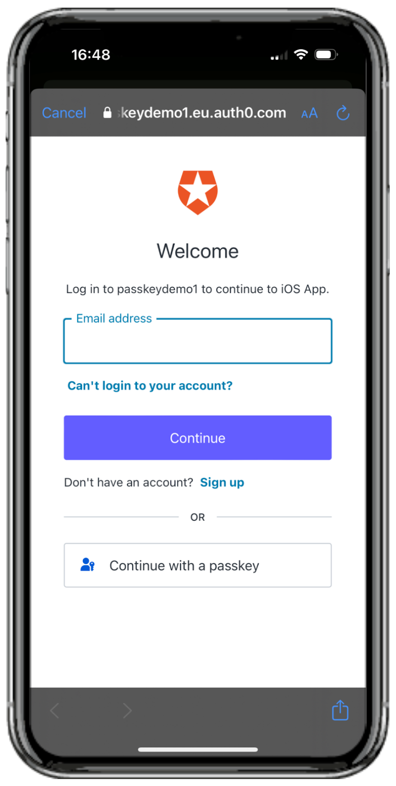 A smartphone shows a login screen for an iOS app, featuring fields for email address and options to continue or sign up. 