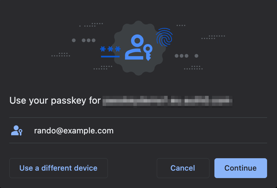 A digital interface displays a passkey authentication prompt, requesting the user to use their passkey for login. 
