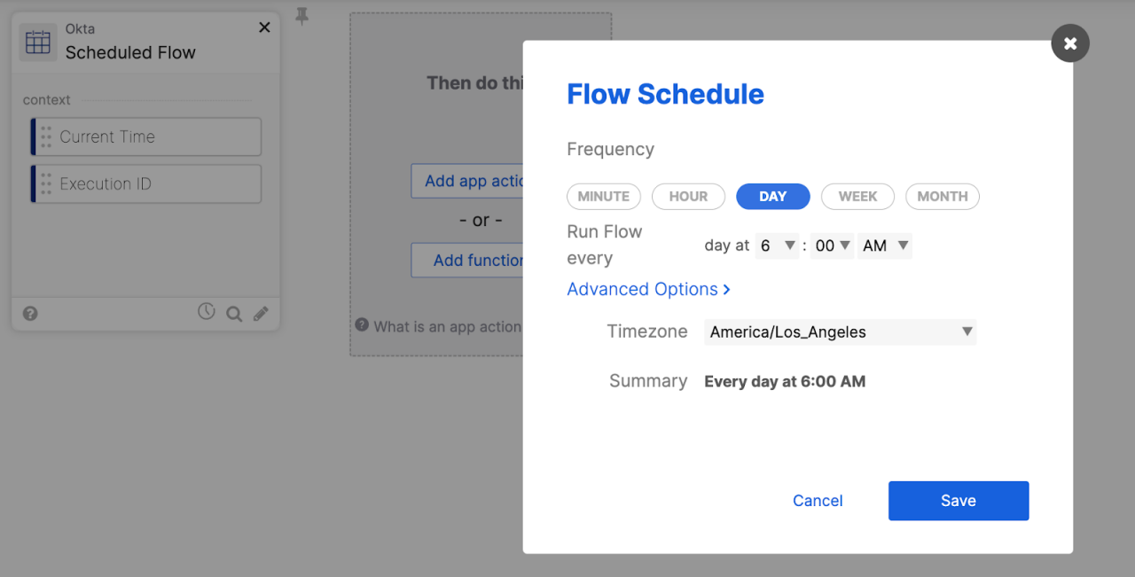 A screenshot of the Flow Schedule settings interface in Okta. 