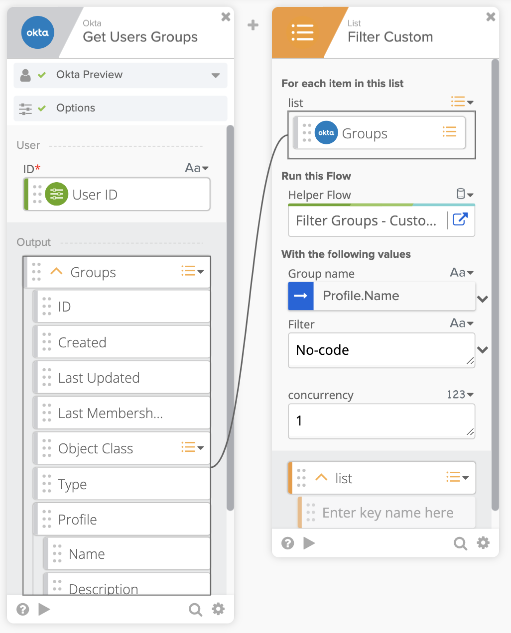 Okta Workflows main flow demonstrating how to filter user groups using a helper flow.